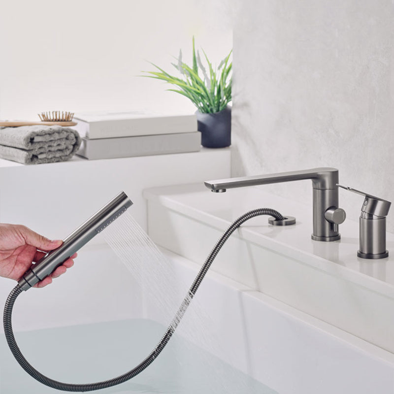 Contemporary Bathroom Faucet Deck Mounted Bathroom Faucet with Low Arc Clearhalo 'Bathroom Remodel & Bathroom Fixtures' 'Bathtub Faucets' 'bathtub_faucets' 'Home Improvement' 'home_improvement' 'home_improvement_bathtub_faucets' 6417719