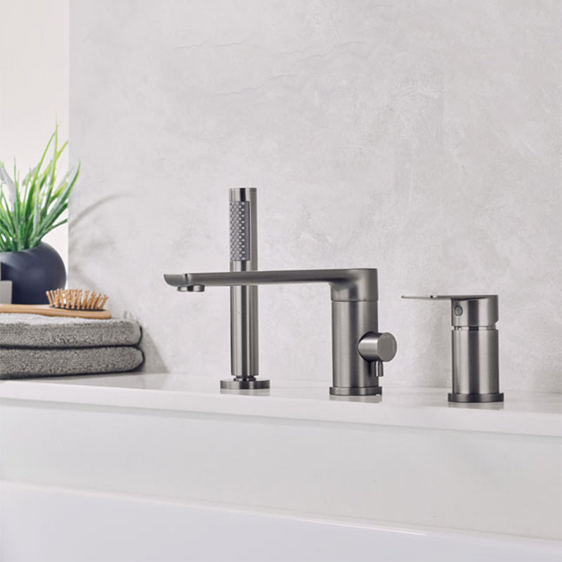 Contemporary Bathroom Faucet Deck Mounted Bathroom Faucet with Low Arc Clearhalo 'Bathroom Remodel & Bathroom Fixtures' 'Bathtub Faucets' 'bathtub_faucets' 'Home Improvement' 'home_improvement' 'home_improvement_bathtub_faucets' 6417723