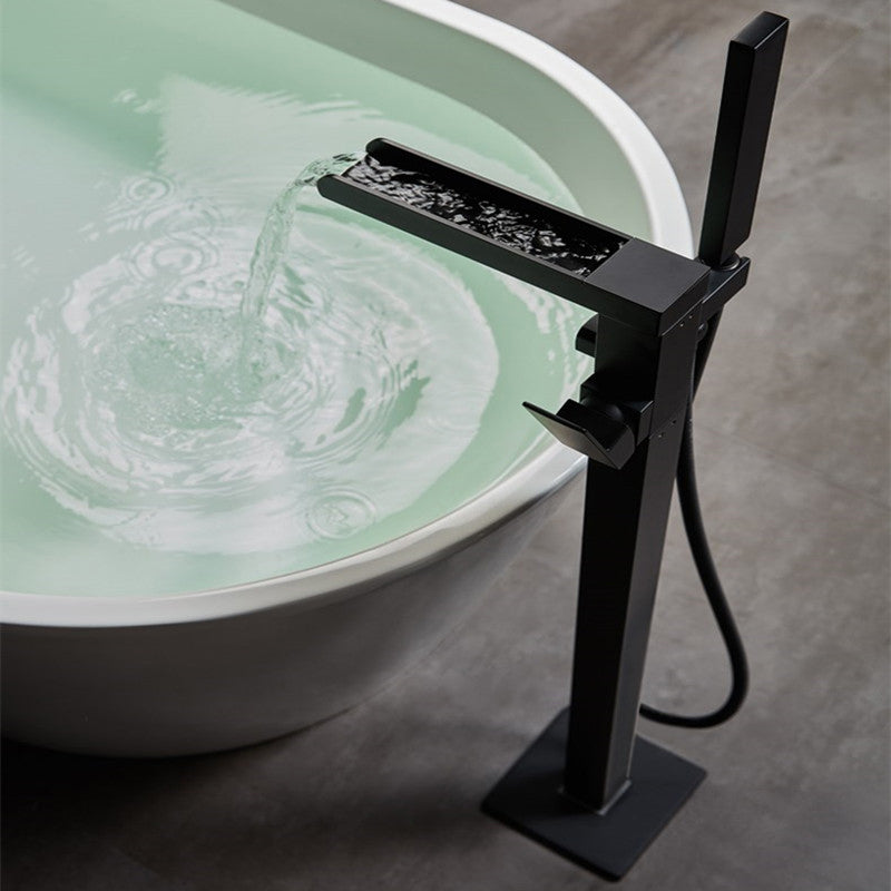 Modern Deck Mounted Copper Tub Faucet Low Arc Waterfall Tub Faucet Black Clearhalo 'Bathroom Remodel & Bathroom Fixtures' 'Bathtub Faucets' 'bathtub_faucets' 'Home Improvement' 'home_improvement' 'home_improvement_bathtub_faucets' 6417891