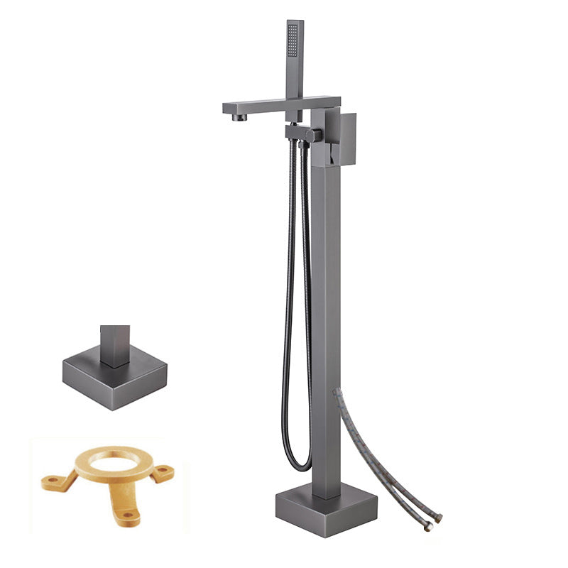 Floor Mounted Metal Freestanding Tub Filler Low Arc Freestanding Tub Filler Trim Black Hand Shower Included Wall Clearhalo 'Bathroom Remodel & Bathroom Fixtures' 'Bathtub Faucets' 'bathtub_faucets' 'Home Improvement' 'home_improvement' 'home_improvement_bathtub_faucets' 6417914