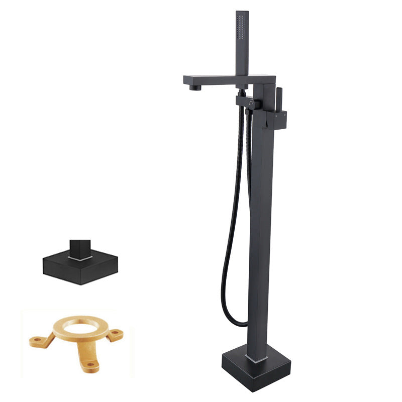 Floor Mounted Metal Freestanding Tub Filler Low Arc Freestanding Tub Filler Trim Black Hand Shower Included Ground Clearhalo 'Bathroom Remodel & Bathroom Fixtures' 'Bathtub Faucets' 'bathtub_faucets' 'Home Improvement' 'home_improvement' 'home_improvement_bathtub_faucets' 6417916