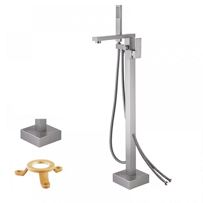 Floor Mounted Metal Freestanding Tub Filler Low Arc Freestanding Tub Filler Trim Nickel Hand Shower Included Wall Clearhalo 'Bathroom Remodel & Bathroom Fixtures' 'Bathtub Faucets' 'bathtub_faucets' 'Home Improvement' 'home_improvement' 'home_improvement_bathtub_faucets' 6417924