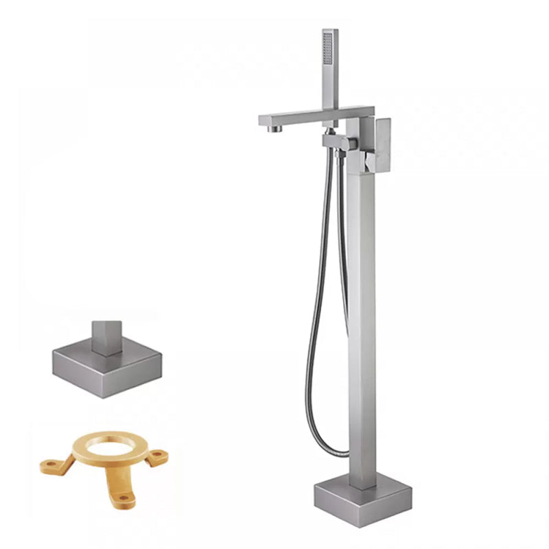 Floor Mounted Metal Freestanding Tub Filler Low Arc Freestanding Tub Filler Trim Chrome Hand Shower Included Ground Clearhalo 'Bathroom Remodel & Bathroom Fixtures' 'Bathtub Faucets' 'bathtub_faucets' 'Home Improvement' 'home_improvement' 'home_improvement_bathtub_faucets' 6417925