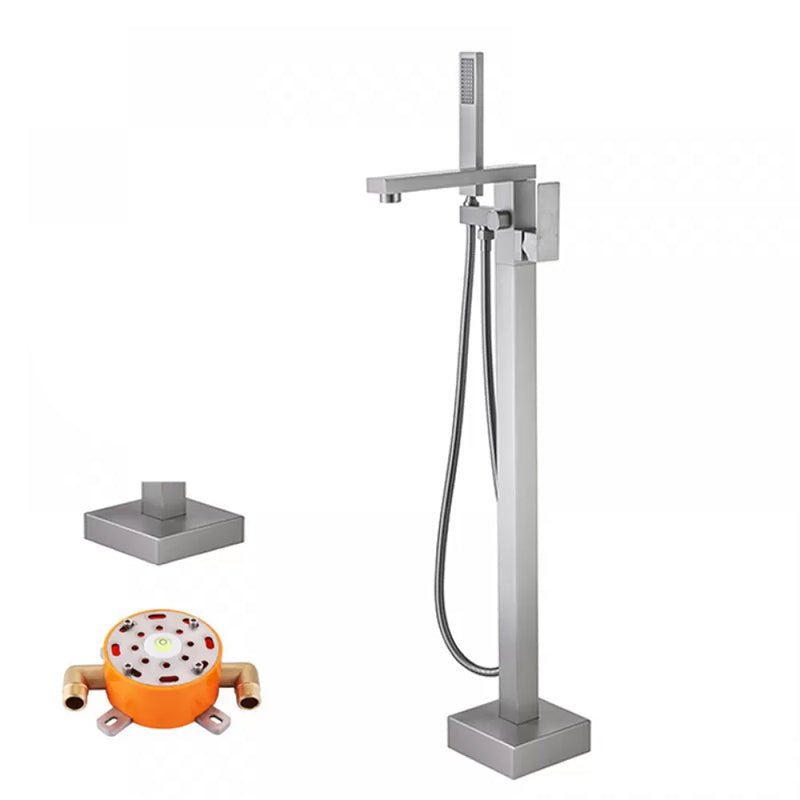 Floor Mounted Metal Freestanding Tub Filler Low Arc Freestanding Tub Filler Trim Nickel Hand Shower Included Rre-embedded Clearhalo 'Bathroom Remodel & Bathroom Fixtures' 'Bathtub Faucets' 'bathtub_faucets' 'Home Improvement' 'home_improvement' 'home_improvement_bathtub_faucets' 6417927