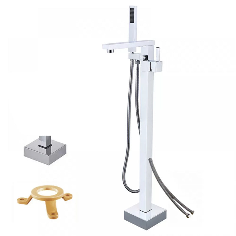 Floor Mounted Metal Freestanding Tub Filler Low Arc Freestanding Tub Filler Trim Chrome Hand Shower Included Wall Clearhalo 'Bathroom Remodel & Bathroom Fixtures' 'Bathtub Faucets' 'bathtub_faucets' 'Home Improvement' 'home_improvement' 'home_improvement_bathtub_faucets' 6417934