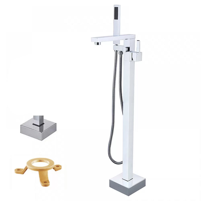 Floor Mounted Metal Freestanding Tub Filler Low Arc Freestanding Tub Filler Trim Nickel Hand Shower Included Ground Clearhalo 'Bathroom Remodel & Bathroom Fixtures' 'Bathtub Faucets' 'bathtub_faucets' 'Home Improvement' 'home_improvement' 'home_improvement_bathtub_faucets' 6417935