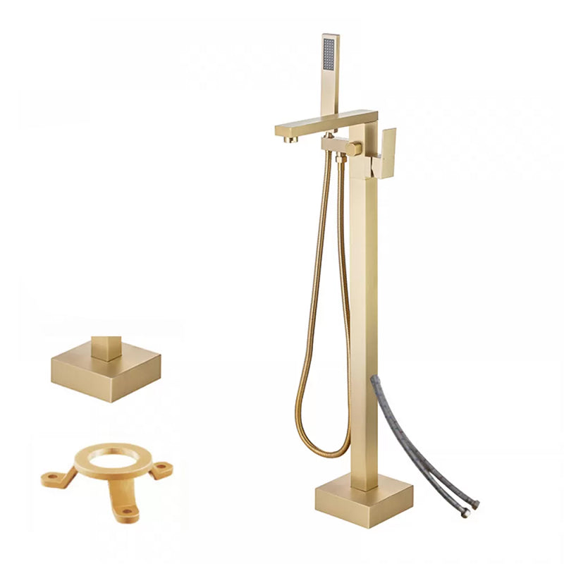 Floor Mounted Metal Freestanding Tub Filler Low Arc Freestanding Tub Filler Trim Gold Hand Shower Included Wall Clearhalo 'Bathroom Remodel & Bathroom Fixtures' 'Bathtub Faucets' 'bathtub_faucets' 'Home Improvement' 'home_improvement' 'home_improvement_bathtub_faucets' 6417943