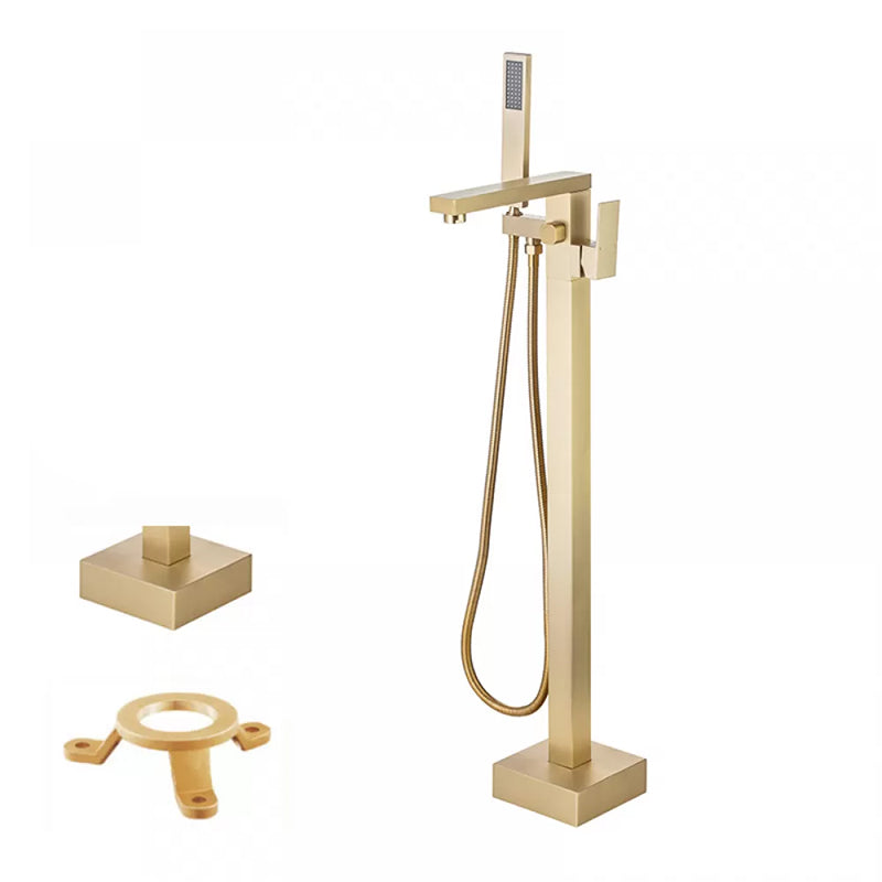 Floor Mounted Metal Freestanding Tub Filler Low Arc Freestanding Tub Filler Trim Gold Hand Shower Included Ground Clearhalo 'Bathroom Remodel & Bathroom Fixtures' 'Bathtub Faucets' 'bathtub_faucets' 'Home Improvement' 'home_improvement' 'home_improvement_bathtub_faucets' 6417944
