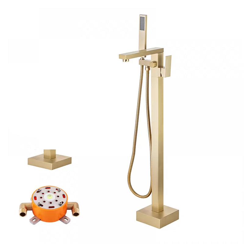 Floor Mounted Metal Freestanding Tub Filler Low Arc Freestanding Tub Filler Trim Gold Hand Shower Included Rre-embedded Clearhalo 'Bathroom Remodel & Bathroom Fixtures' 'Bathtub Faucets' 'bathtub_faucets' 'Home Improvement' 'home_improvement' 'home_improvement_bathtub_faucets' 6417945