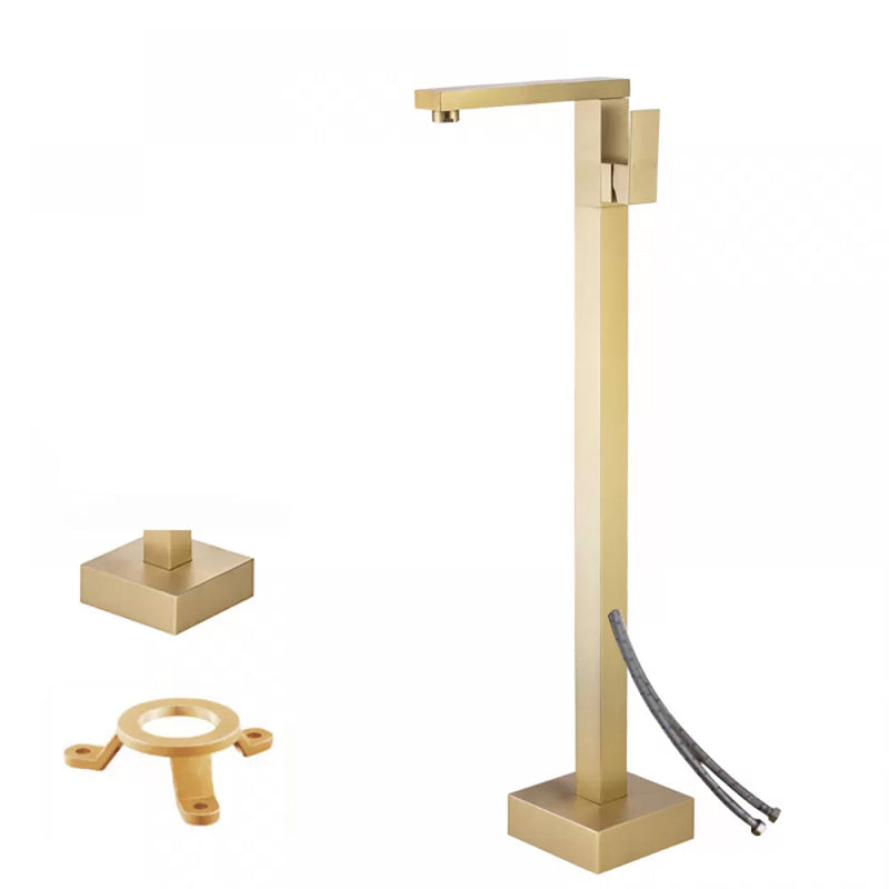 Floor Mounted Metal Freestanding Tub Filler Low Arc Freestanding Tub Filler Trim Gold Hand Shower Not Included Wall Clearhalo 'Bathroom Remodel & Bathroom Fixtures' 'Bathtub Faucets' 'bathtub_faucets' 'Home Improvement' 'home_improvement' 'home_improvement_bathtub_faucets' 6417946