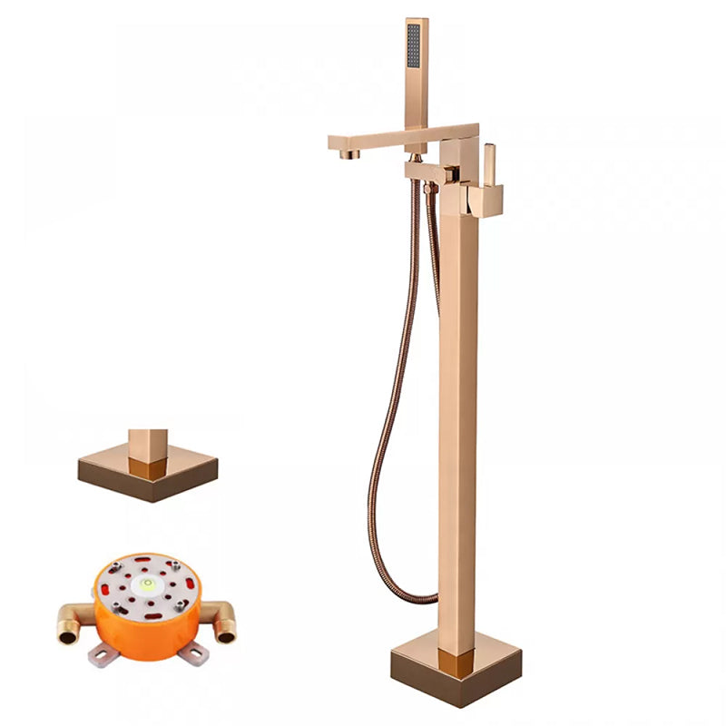 Floor Mounted Metal Freestanding Tub Filler Low Arc Freestanding Tub Filler Trim Rose Gold Hand Shower Included Rre-embedded Clearhalo 'Bathroom Remodel & Bathroom Fixtures' 'Bathtub Faucets' 'bathtub_faucets' 'Home Improvement' 'home_improvement' 'home_improvement_bathtub_faucets' 6417950