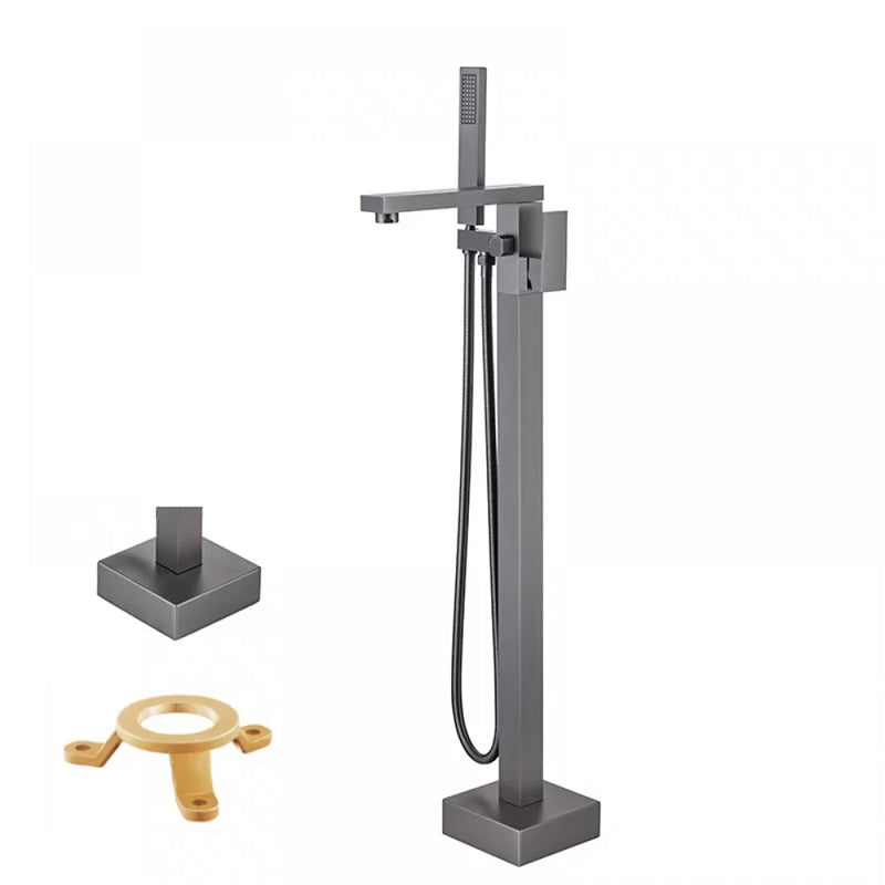 Floor Mounted Metal Freestanding Tub Filler Low Arc Freestanding Tub Filler Trim Gun Grey Hand Shower Included Ground Clearhalo 'Bathroom Remodel & Bathroom Fixtures' 'Bathtub Faucets' 'bathtub_faucets' 'Home Improvement' 'home_improvement' 'home_improvement_bathtub_faucets' 6417954