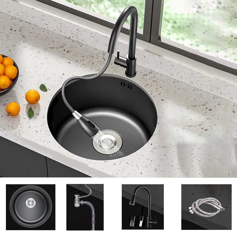 Modern Style Kitchen Sink Stainless Steel Round Kitchen Sink with Drain Strainer Kit Sink with Faucet Pull Out Faucet Clearhalo 'Home Improvement' 'home_improvement' 'home_improvement_kitchen_sinks' 'Kitchen Remodel & Kitchen Fixtures' 'Kitchen Sinks & Faucet Components' 'Kitchen Sinks' 'kitchen_sinks' 6423349