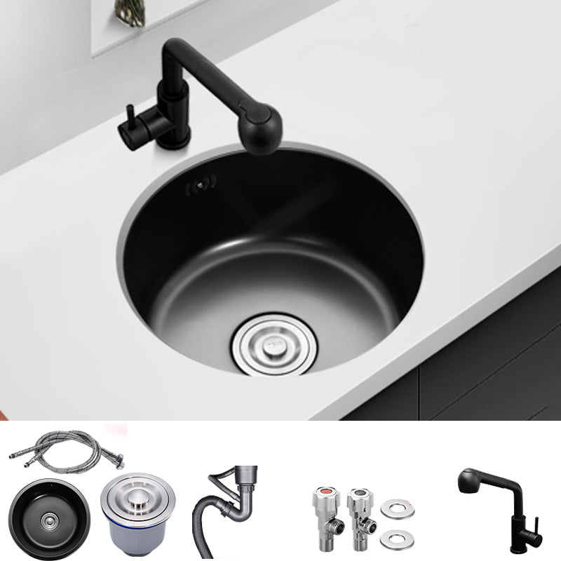 Contemporary Style Kitchen Sink Round Stainless Steel 1 Holes Kitchen Sink Sink with Faucet Straight Pull-Out Faucet Clearhalo 'Home Improvement' 'home_improvement' 'home_improvement_kitchen_sinks' 'Kitchen Remodel & Kitchen Fixtures' 'Kitchen Sinks & Faucet Components' 'Kitchen Sinks' 'kitchen_sinks' 6423397
