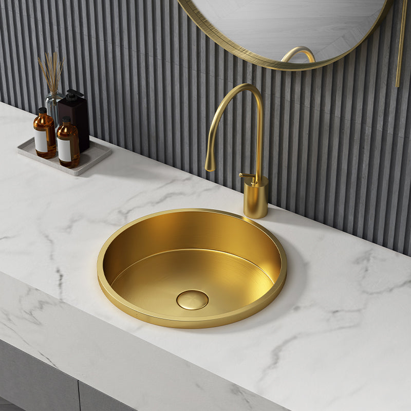 Modern No Craftsmanship Wash Stand Metal Round Bathroom Sink Gold Gooseneck High Arc Sink with Faucet Clearhalo 'Bathroom Remodel & Bathroom Fixtures' 'Bathroom Sinks & Faucet Components' 'Bathroom Sinks' 'bathroom_sink' 'Home Improvement' 'home_improvement' 'home_improvement_bathroom_sink' 6423621