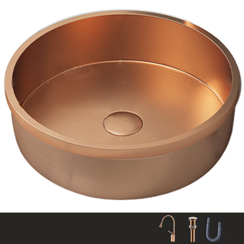 Modern No Craftsmanship Wash Stand Metal Round Bathroom Sink Rose Gold Gooseneck High Arc Sink with Faucet Clearhalo 'Bathroom Remodel & Bathroom Fixtures' 'Bathroom Sinks & Faucet Components' 'Bathroom Sinks' 'bathroom_sink' 'Home Improvement' 'home_improvement' 'home_improvement_bathroom_sink' 6423634