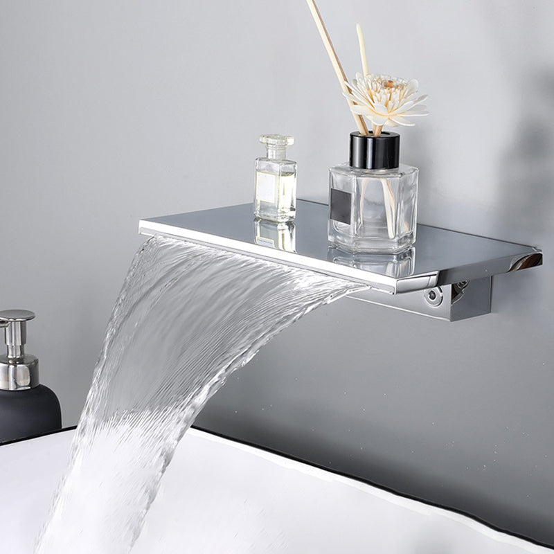 Wall Mounted Metal Waterfall Tub Filler Low Arc Bathroom Faucet Clearhalo 'Bathroom Remodel & Bathroom Fixtures' 'Bathtub Faucets' 'bathtub_faucets' 'Home Improvement' 'home_improvement' 'home_improvement_bathtub_faucets' 6423749