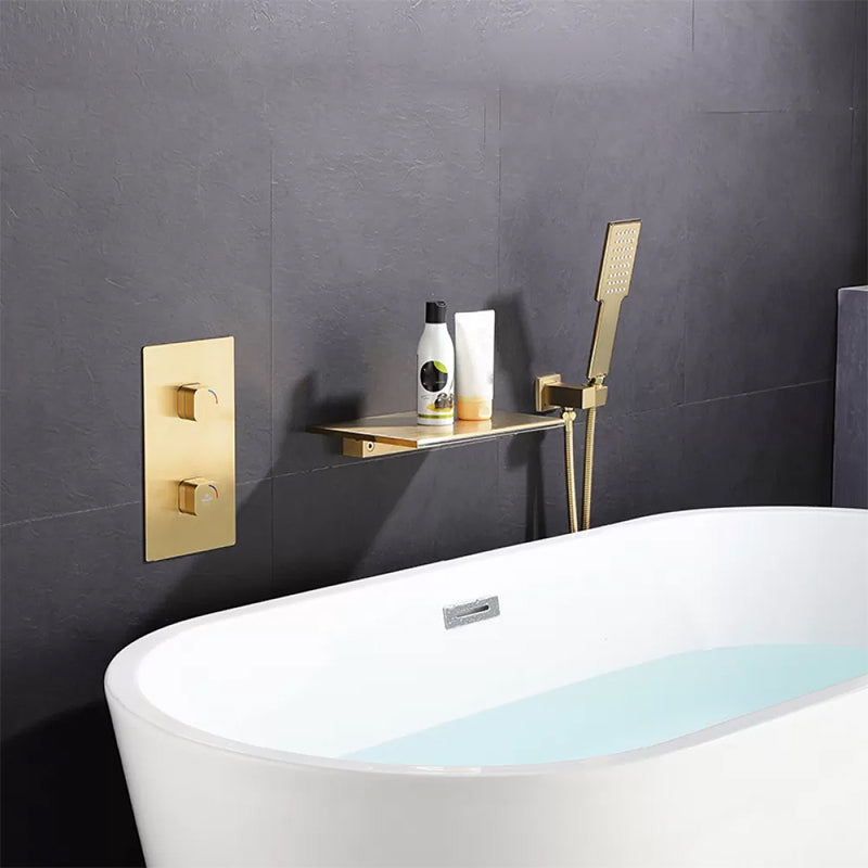 Wall Mounted Metal Waterfall Tub Filler Low Arc Bathroom Faucet Gold Hand Shower Included Clearhalo 'Bathroom Remodel & Bathroom Fixtures' 'Bathtub Faucets' 'bathtub_faucets' 'Home Improvement' 'home_improvement' 'home_improvement_bathtub_faucets' 6423751