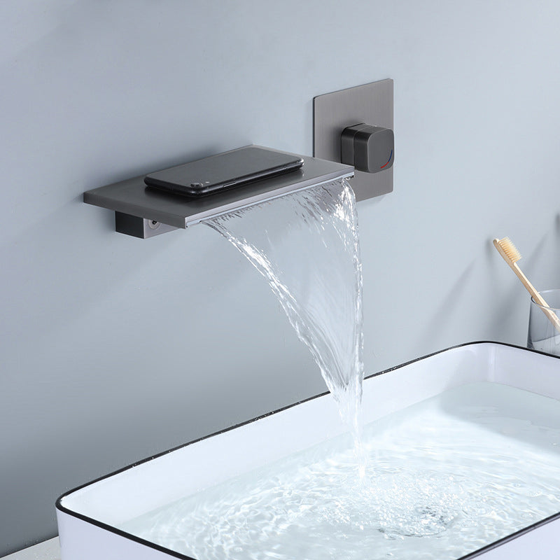 Wall Mounted Metal Waterfall Tub Filler Low Arc Bathroom Faucet Gun Grey Hand Shower Not Included Clearhalo 'Bathroom Remodel & Bathroom Fixtures' 'Bathtub Faucets' 'bathtub_faucets' 'Home Improvement' 'home_improvement' 'home_improvement_bathtub_faucets' 6423752