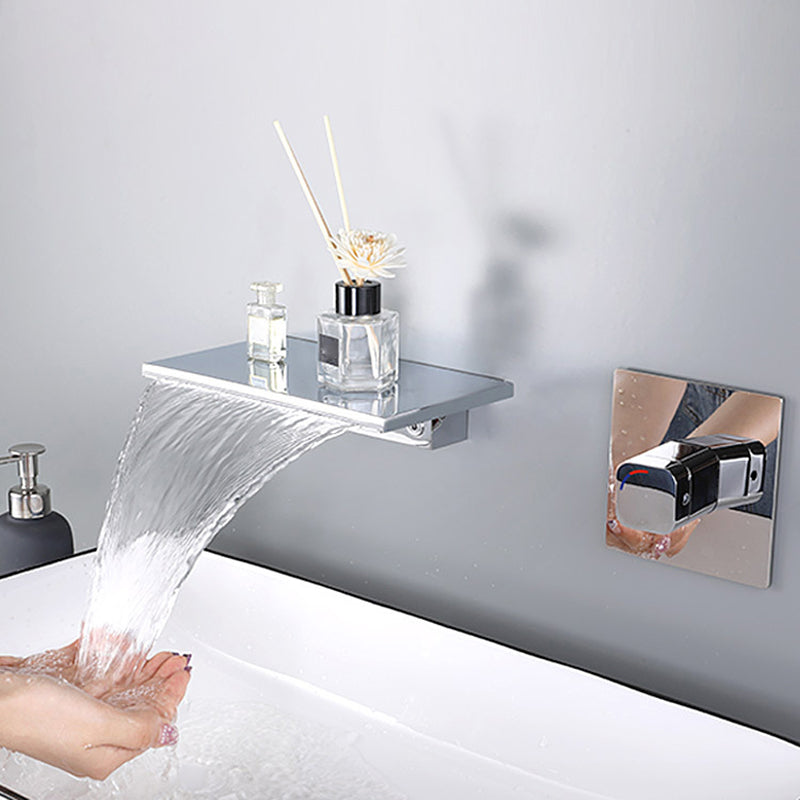 Wall Mounted Metal Waterfall Tub Filler Low Arc Bathroom Faucet Chrome Hand Shower Not Included Clearhalo 'Bathroom Remodel & Bathroom Fixtures' 'Bathtub Faucets' 'bathtub_faucets' 'Home Improvement' 'home_improvement' 'home_improvement_bathtub_faucets' 6423755