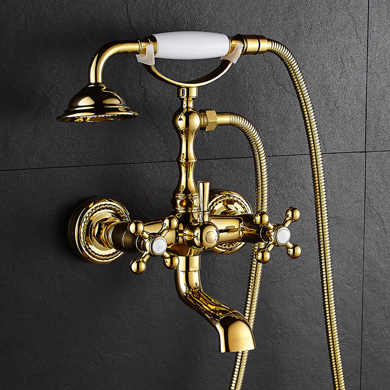 Traditional Wall Mounted Metal Claw Foot Tub Faucet Trim Low Arc Claw Foot Tub Faucet White-Gold 2 Hole Faucets Clearhalo 'Bathroom Remodel & Bathroom Fixtures' 'Bathtub Faucets' 'bathtub_faucets' 'Home Improvement' 'home_improvement' 'home_improvement_bathtub_faucets' 6423768