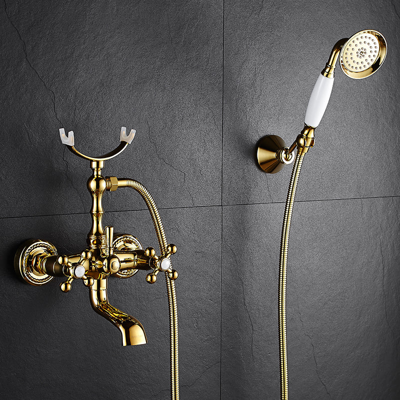 Traditional Wall Mounted Metal Claw Foot Tub Faucet Trim Low Arc Claw Foot Tub Faucet White-Gold 3 Hole Faucets Clearhalo 'Bathroom Remodel & Bathroom Fixtures' 'Bathtub Faucets' 'bathtub_faucets' 'Home Improvement' 'home_improvement' 'home_improvement_bathtub_faucets' 6423769