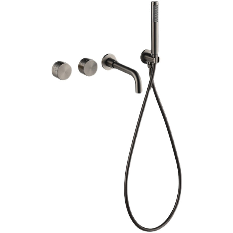 Modern Wall Mounted Metal Tub Filler Trim Low Arc Bathroom Faucet Clearhalo 'Bathroom Remodel & Bathroom Fixtures' 'Bathtub Faucets' 'bathtub_faucets' 'Home Improvement' 'home_improvement' 'home_improvement_bathtub_faucets' 6423831