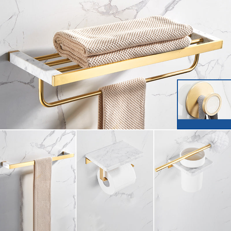 Metal and Marble Bathroom Accessory as Individual or as a Set in Gold 5-Piece Set (Single Rod) Clearhalo 'Bathroom Hardware Sets' 'Bathroom Hardware' 'Bathroom Remodel & Bathroom Fixtures' 'bathroom_hardware_sets' 'Home Improvement' 'home_improvement' 'home_improvement_bathroom_hardware_sets' 6426349