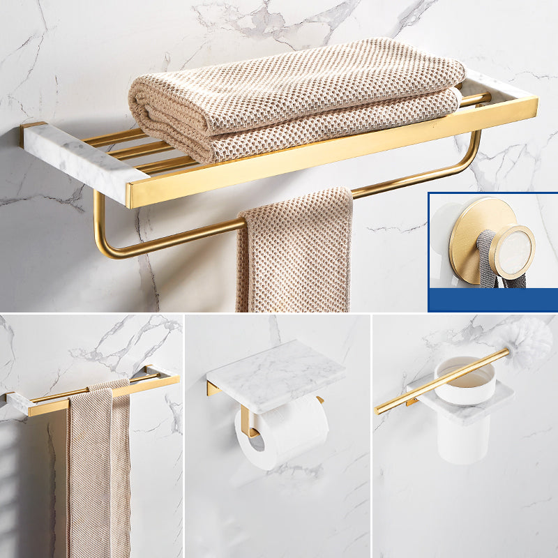 Metal and Marble Bathroom Accessory as Individual or as a Set in Gold 5-Piece Set (Double Rods) Clearhalo 'Bathroom Hardware Sets' 'Bathroom Hardware' 'Bathroom Remodel & Bathroom Fixtures' 'bathroom_hardware_sets' 'Home Improvement' 'home_improvement' 'home_improvement_bathroom_hardware_sets' 6426351