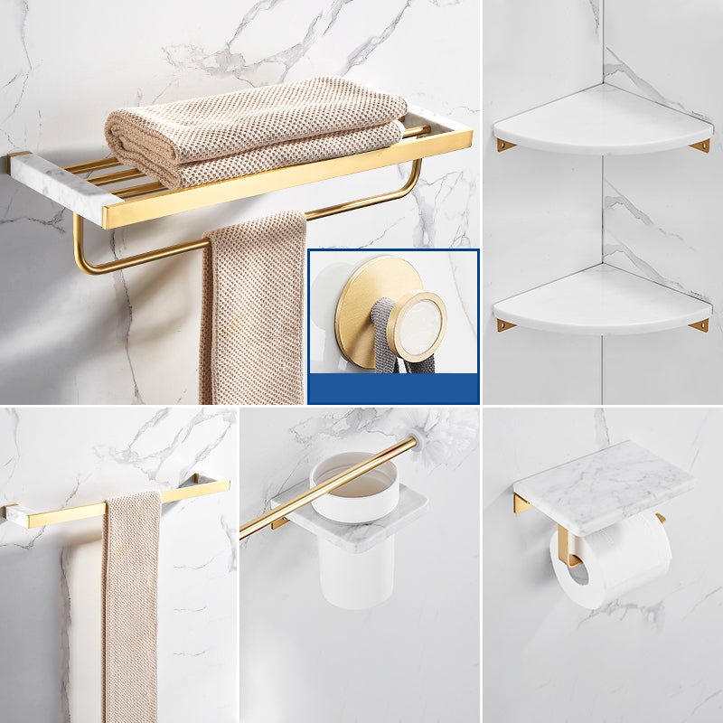 Metal and Marble Bathroom Accessory as Individual or as a Set in Gold 7-Piece Set (Single Rod) Clearhalo 'Bathroom Hardware Sets' 'Bathroom Hardware' 'Bathroom Remodel & Bathroom Fixtures' 'bathroom_hardware_sets' 'Home Improvement' 'home_improvement' 'home_improvement_bathroom_hardware_sets' 6426353