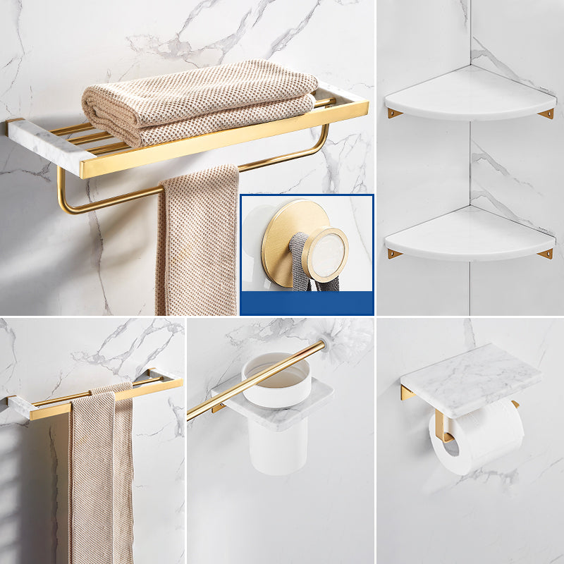 Metal and Marble Bathroom Accessory as Individual or as a Set in Gold 7-Piece Set (Double Rods) Clearhalo 'Bathroom Hardware Sets' 'Bathroom Hardware' 'Bathroom Remodel & Bathroom Fixtures' 'bathroom_hardware_sets' 'Home Improvement' 'home_improvement' 'home_improvement_bathroom_hardware_sets' 6426355