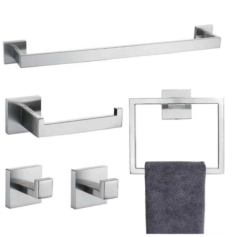 Stainless Steel Bathroom Accessory As Individual Or As a Set Modern Bathroom Set Chrome 5-Piece Set (Towel Ring) Clearhalo 'Bathroom Hardware Sets' 'Bathroom Hardware' 'Bathroom Remodel & Bathroom Fixtures' 'bathroom_hardware_sets' 'Home Improvement' 'home_improvement' 'home_improvement_bathroom_hardware_sets' 6426469