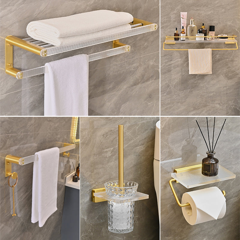 Metal and Acrylic Bathroom Accessory as Individual or as a Set in Gold 5-Piece Set (Square Bath Shelf) Clearhalo 'Bathroom Hardware Sets' 'Bathroom Hardware' 'Bathroom Remodel & Bathroom Fixtures' 'bathroom_hardware_sets' 'Home Improvement' 'home_improvement' 'home_improvement_bathroom_hardware_sets' 6426544