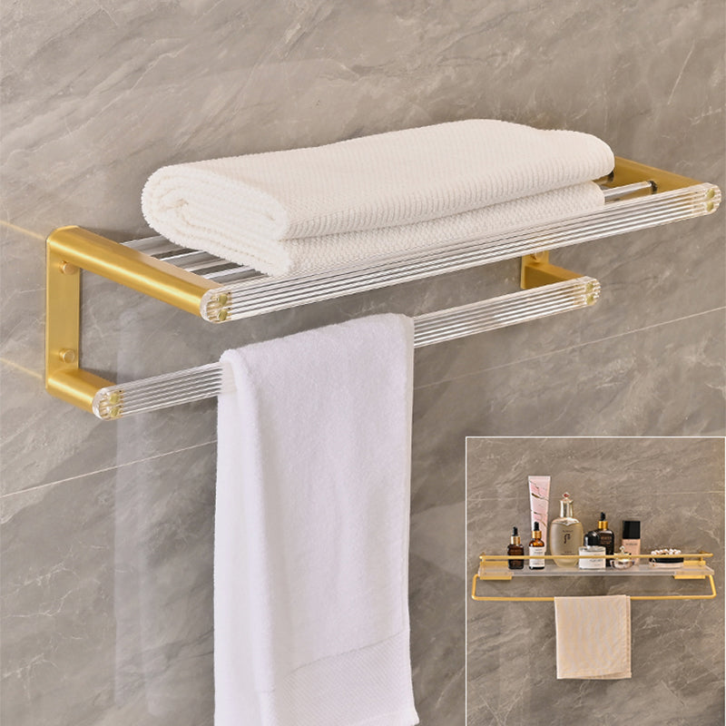 Metal and Acrylic Bathroom Accessory as Individual or as a Set in Gold 2-Piece Set (Square Bath Shelf) Clearhalo 'Bathroom Hardware Sets' 'Bathroom Hardware' 'Bathroom Remodel & Bathroom Fixtures' 'bathroom_hardware_sets' 'Home Improvement' 'home_improvement' 'home_improvement_bathroom_hardware_sets' 6426552