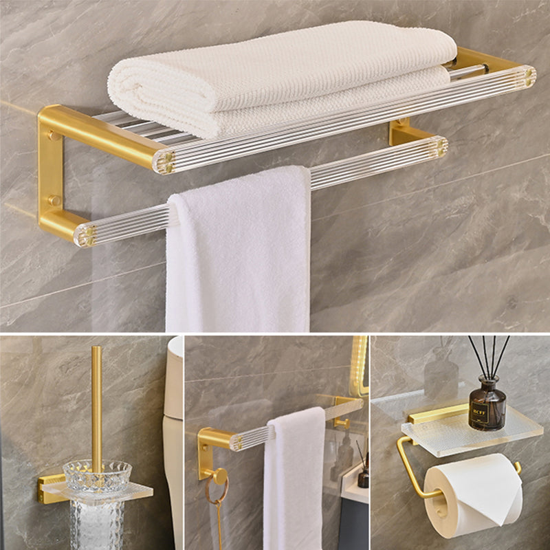 Metal and Acrylic Bathroom Accessory as Individual or as a Set in Gold 4-Piece Set (Towel Bar) Clearhalo 'Bathroom Hardware Sets' 'Bathroom Hardware' 'Bathroom Remodel & Bathroom Fixtures' 'bathroom_hardware_sets' 'Home Improvement' 'home_improvement' 'home_improvement_bathroom_hardware_sets' 6426559