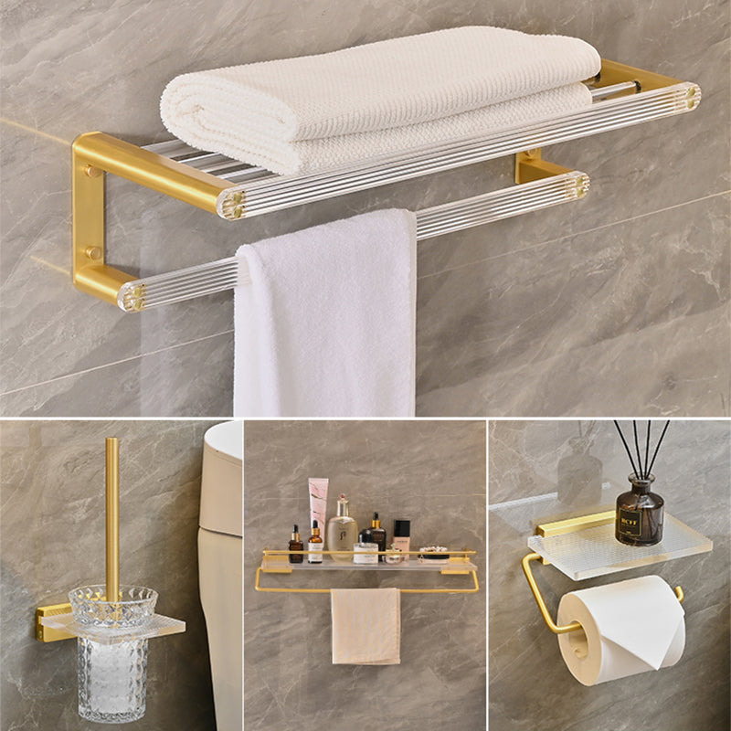 Metal and Acrylic Bathroom Accessory as Individual or as a Set in Gold 4-Piece Set (Single Deck Shelf) Clearhalo 'Bathroom Hardware Sets' 'Bathroom Hardware' 'Bathroom Remodel & Bathroom Fixtures' 'bathroom_hardware_sets' 'Home Improvement' 'home_improvement' 'home_improvement_bathroom_hardware_sets' 6426567