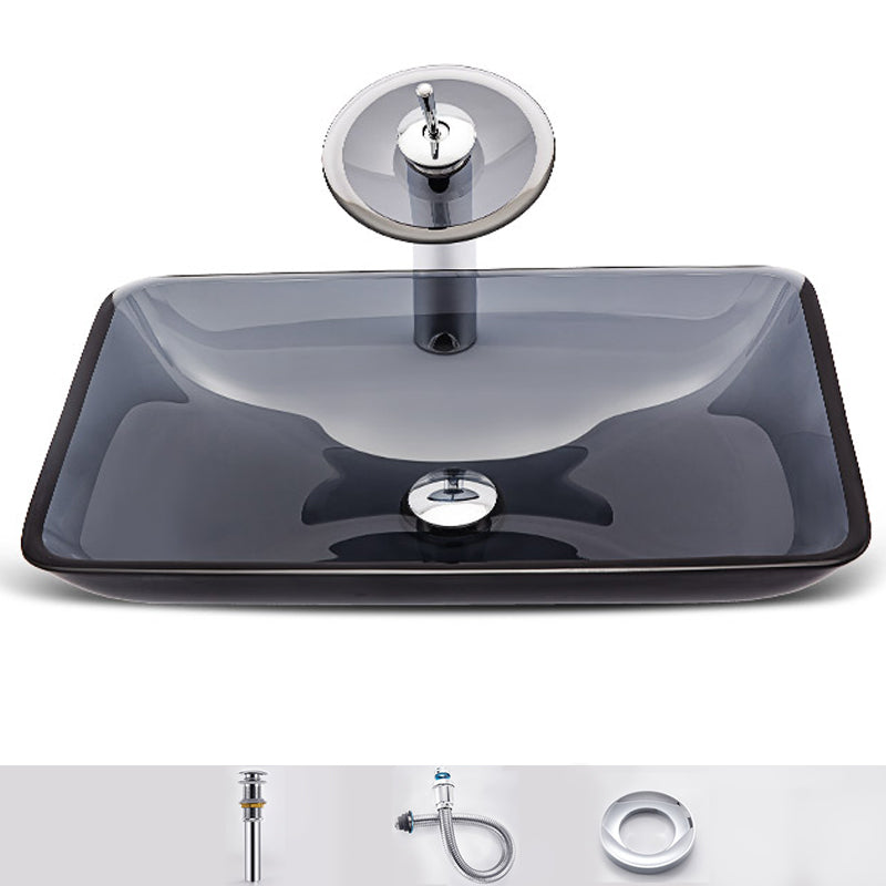 Modern Vessel Sink Oval Glass with Pop-Up Drain and Faucet Vessel Lavatory Sink Grey Sink with Faucet Rectangular Clearhalo 'Bathroom Remodel & Bathroom Fixtures' 'Bathroom Sinks & Faucet Components' 'Bathroom Sinks' 'bathroom_sink' 'Home Improvement' 'home_improvement' 'home_improvement_bathroom_sink' 6428036