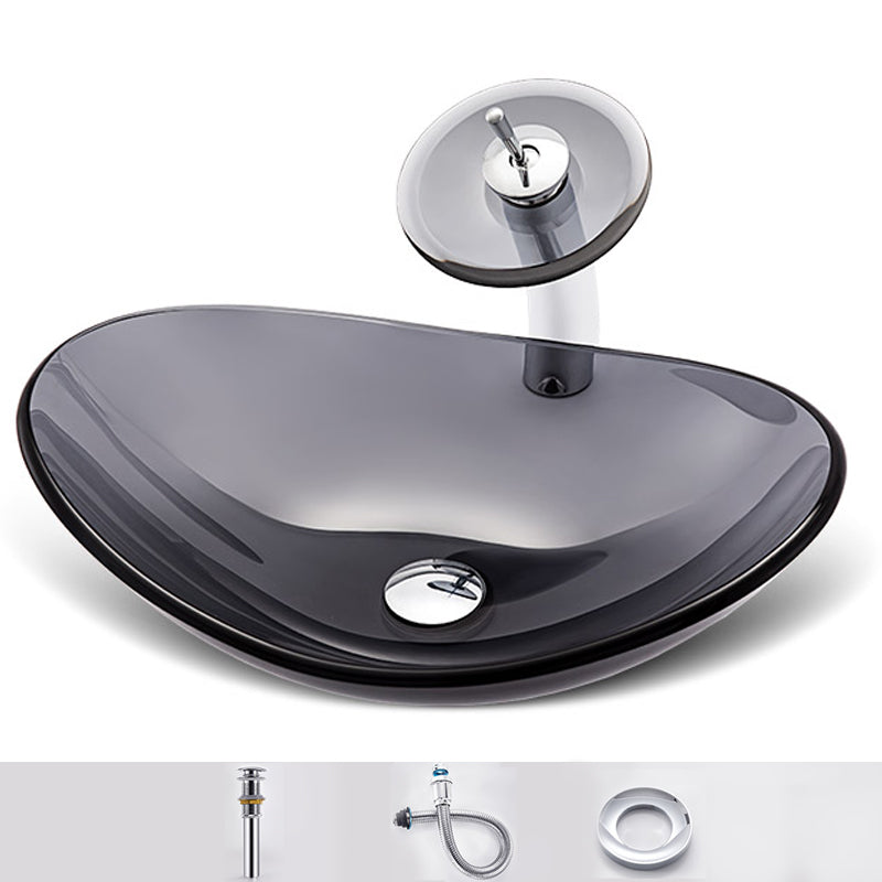 Modern Vessel Sink Oval Glass with Pop-Up Drain and Faucet Vessel Lavatory Sink Grey Sink with Faucet Oval Clearhalo 'Bathroom Remodel & Bathroom Fixtures' 'Bathroom Sinks & Faucet Components' 'Bathroom Sinks' 'bathroom_sink' 'Home Improvement' 'home_improvement' 'home_improvement_bathroom_sink' 6428039