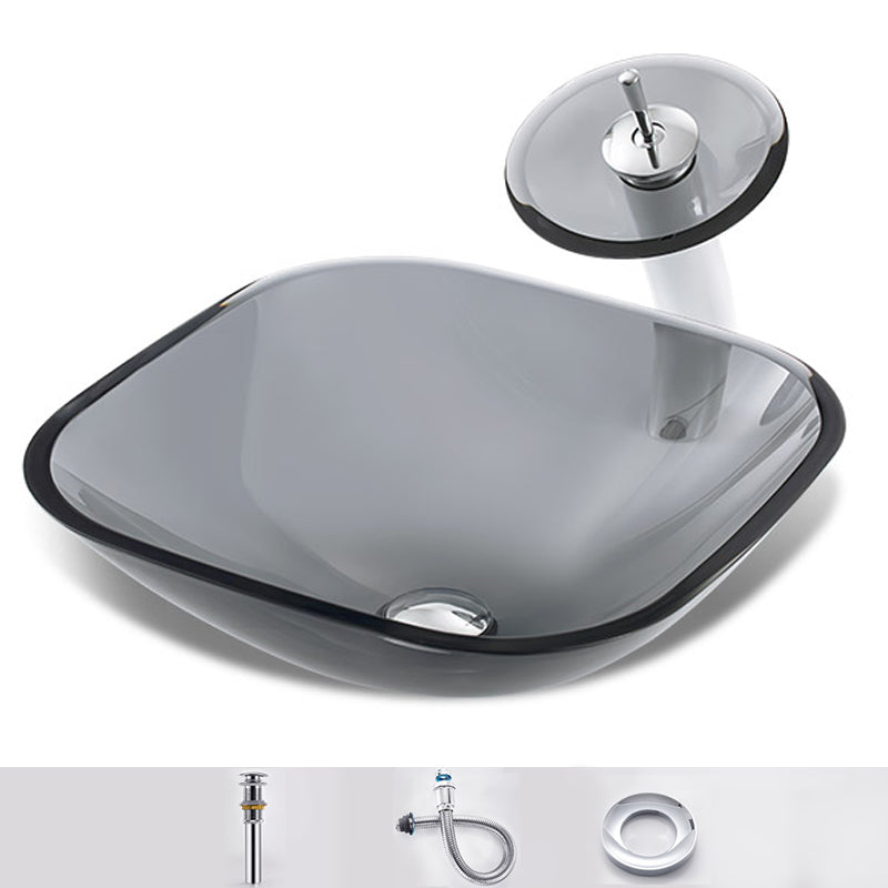 Modern Vessel Sink Oval Glass with Pop-Up Drain and Faucet Vessel Lavatory Sink Grey Sink with Faucet Square Clearhalo 'Bathroom Remodel & Bathroom Fixtures' 'Bathroom Sinks & Faucet Components' 'Bathroom Sinks' 'bathroom_sink' 'Home Improvement' 'home_improvement' 'home_improvement_bathroom_sink' 6428042