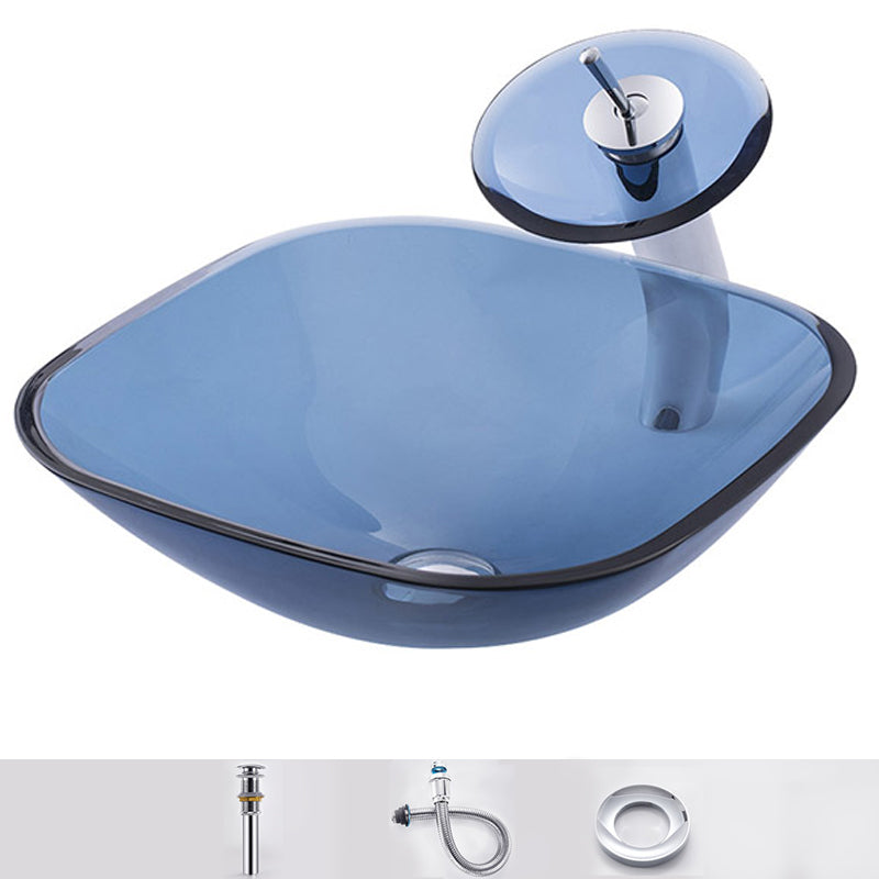 Modern Vessel Sink Oval Glass with Pop-Up Drain and Faucet Vessel Lavatory Sink Blue Sink with Faucet Square Clearhalo 'Bathroom Remodel & Bathroom Fixtures' 'Bathroom Sinks & Faucet Components' 'Bathroom Sinks' 'bathroom_sink' 'Home Improvement' 'home_improvement' 'home_improvement_bathroom_sink' 6428044