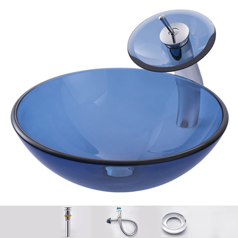 Modern Vessel Sink Oval Glass with Pop-Up Drain and Faucet Vessel Lavatory Sink Blue Sink with Faucet Circular Clearhalo 'Bathroom Remodel & Bathroom Fixtures' 'Bathroom Sinks & Faucet Components' 'Bathroom Sinks' 'bathroom_sink' 'Home Improvement' 'home_improvement' 'home_improvement_bathroom_sink' 6428045