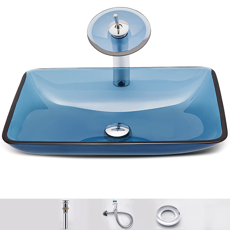 Modern Vessel Sink Oval Glass with Pop-Up Drain and Faucet Vessel Lavatory Sink Blue Sink with Faucet Rectangular Clearhalo 'Bathroom Remodel & Bathroom Fixtures' 'Bathroom Sinks & Faucet Components' 'Bathroom Sinks' 'bathroom_sink' 'Home Improvement' 'home_improvement' 'home_improvement_bathroom_sink' 6428048