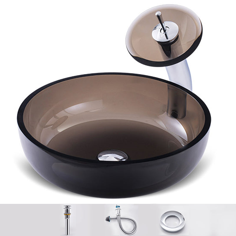 Modern Vessel Sink Oval Glass with Pop-Up Drain and Faucet Vessel Lavatory Sink Brown Sink with Faucet Column Clearhalo 'Bathroom Remodel & Bathroom Fixtures' 'Bathroom Sinks & Faucet Components' 'Bathroom Sinks' 'bathroom_sink' 'Home Improvement' 'home_improvement' 'home_improvement_bathroom_sink' 6428051