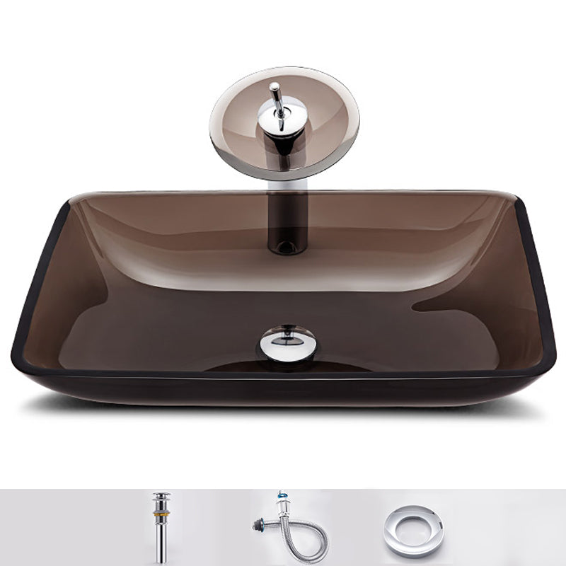 Modern Vessel Sink Oval Glass with Pop-Up Drain and Faucet Vessel Lavatory Sink Brown Sink with Faucet Rectangular Clearhalo 'Bathroom Remodel & Bathroom Fixtures' 'Bathroom Sinks & Faucet Components' 'Bathroom Sinks' 'bathroom_sink' 'Home Improvement' 'home_improvement' 'home_improvement_bathroom_sink' 6428054