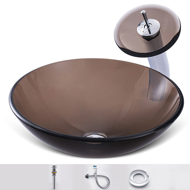Modern Vessel Sink Oval Glass with Pop-Up Drain and Faucet Vessel Lavatory Sink Brown Sink with Faucet Circular Clearhalo 'Bathroom Remodel & Bathroom Fixtures' 'Bathroom Sinks & Faucet Components' 'Bathroom Sinks' 'bathroom_sink' 'Home Improvement' 'home_improvement' 'home_improvement_bathroom_sink' 6428055