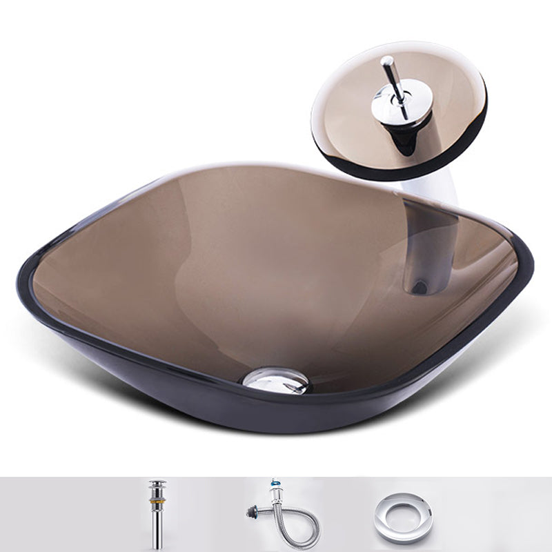 Modern Vessel Sink Oval Glass with Pop-Up Drain and Faucet Vessel Lavatory Sink Brown Sink with Faucet Square Clearhalo 'Bathroom Remodel & Bathroom Fixtures' 'Bathroom Sinks & Faucet Components' 'Bathroom Sinks' 'bathroom_sink' 'Home Improvement' 'home_improvement' 'home_improvement_bathroom_sink' 6428056