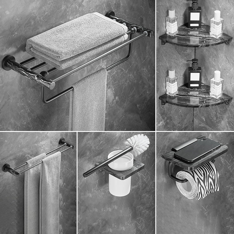 Metal and Marble Bathroom Accessory as Individual or as a Set in Black 6-Piece Set (Double Rods) Clearhalo 'Bathroom Hardware Sets' 'Bathroom Hardware' 'Bathroom Remodel & Bathroom Fixtures' 'bathroom_hardware_sets' 'Home Improvement' 'home_improvement' 'home_improvement_bathroom_hardware_sets' 6429135