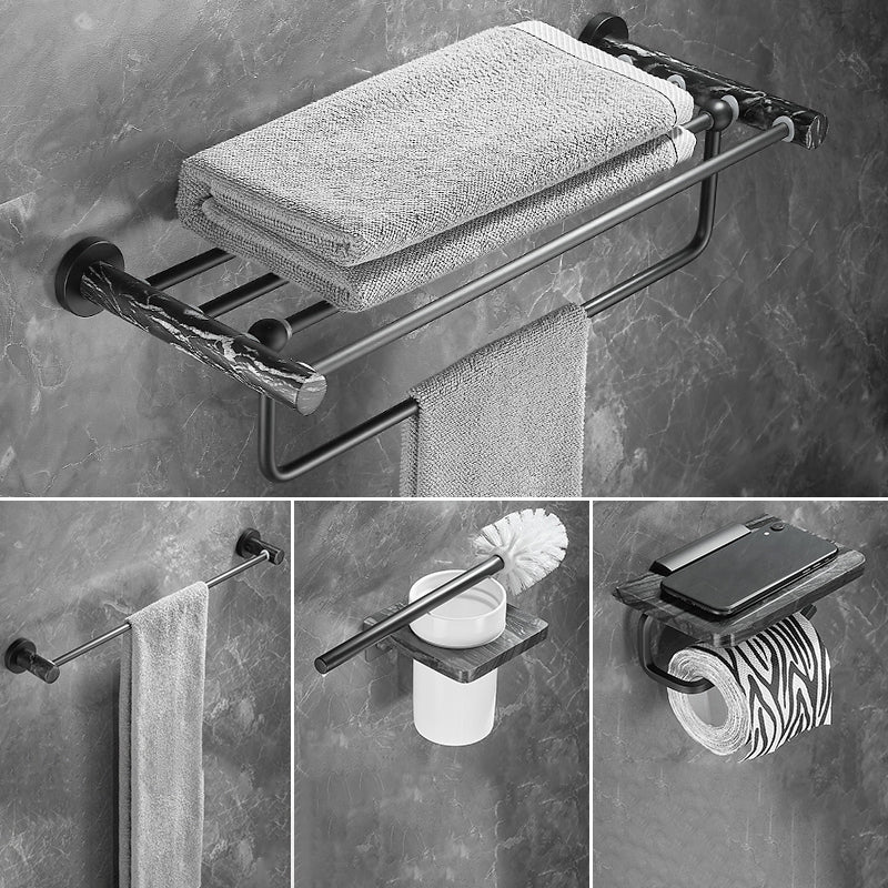 Metal and Marble Bathroom Accessory as Individual or as a Set in Black 4-Piece Set(Single Rod) Clearhalo 'Bathroom Hardware Sets' 'Bathroom Hardware' 'Bathroom Remodel & Bathroom Fixtures' 'bathroom_hardware_sets' 'Home Improvement' 'home_improvement' 'home_improvement_bathroom_hardware_sets' 6429137