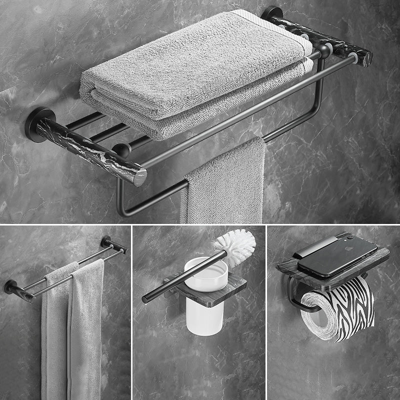 Metal and Marble Bathroom Accessory as Individual or as a Set in Black 4-Piece Set (Double Rods) Clearhalo 'Bathroom Hardware Sets' 'Bathroom Hardware' 'Bathroom Remodel & Bathroom Fixtures' 'bathroom_hardware_sets' 'Home Improvement' 'home_improvement' 'home_improvement_bathroom_hardware_sets' 6429139