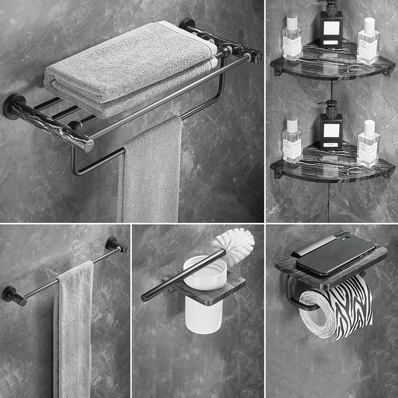 Metal and Marble Bathroom Accessory as Individual or as a Set in Black 6-Piece Set (Single Rod) Clearhalo 'Bathroom Hardware Sets' 'Bathroom Hardware' 'Bathroom Remodel & Bathroom Fixtures' 'bathroom_hardware_sets' 'Home Improvement' 'home_improvement' 'home_improvement_bathroom_hardware_sets' 6429141